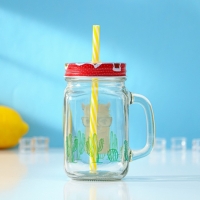 Банка стеклянная с крышкой и трубочкой Доляна &laquo;Лама&raquo;, 450 мл, 10&times;7,5&times;13 см