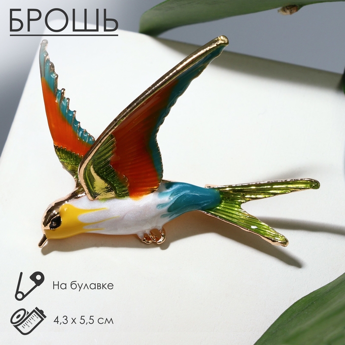 Брошь &laquo;Птичка&raquo; ласточка, цветная в золоте