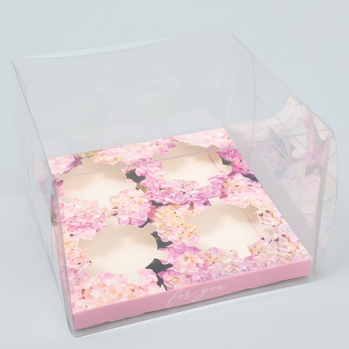 Коробка для капкейка, кондитерская упаковка, 4 ячейки, &laquo;Гортензии&raquo;, золото, 16 х 16 х 11.5 см