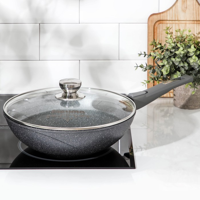 Сковорода &laquo;Гранит ВОК&raquo;, d=28 см, съёмная ручка, стеклянная крышка, антипригарное покрытие, цвет серый
