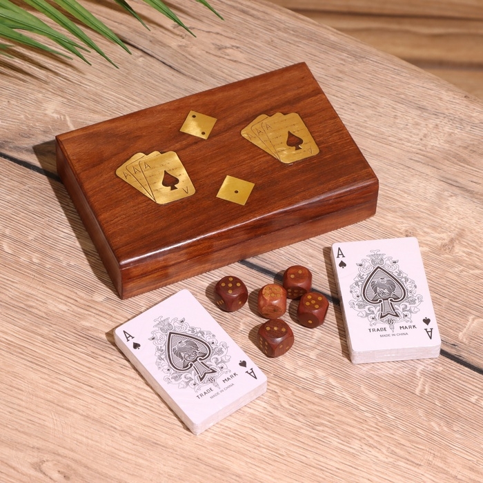 Игра настольная 2в1 (кубики + 2 колоды карт) 18х12х4 см, дерево шишам Игра настольная 2в1 (кубики + 2 колоды карт) 18х12х4 см, дерево шишам