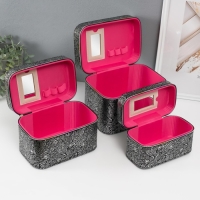 Шкатулка кожзам с зеркалом "Узоры, бабочки" чёрная н-р 3 шт 19х10,5х10,5 21х13х14 15х23х17см