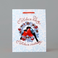 Пакет подарочный новогодний ламинированный &laquo;С Новым годом&raquo;, снегири, MS 18 х 23 х 8 см, Новый год