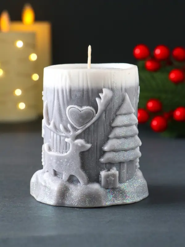 Свеча новогодняя столбик "Сказочный лес" 75х82 мм, серый