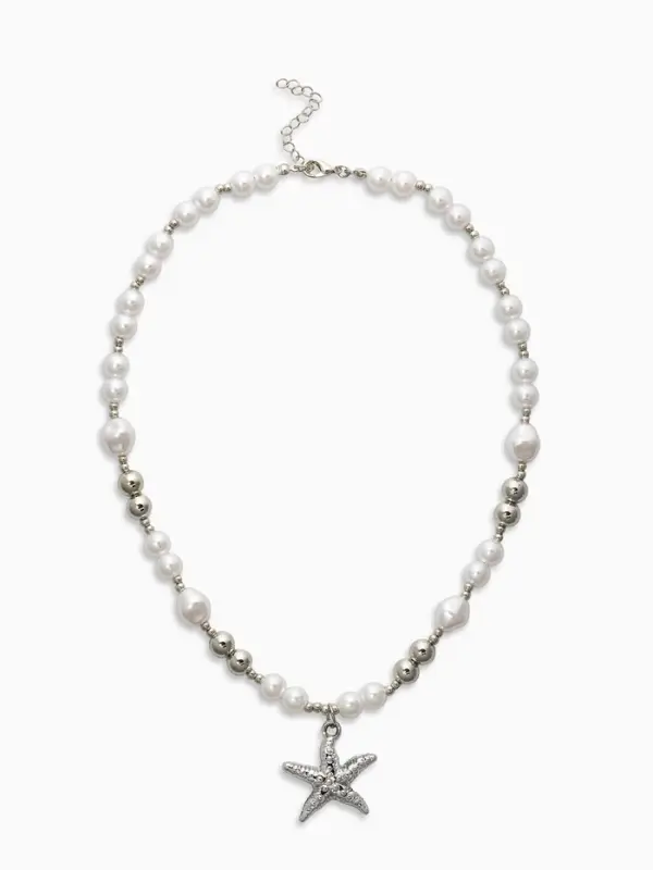 Кулон на жемчужных бусах "Морская звезда", цвет белый в серебре
