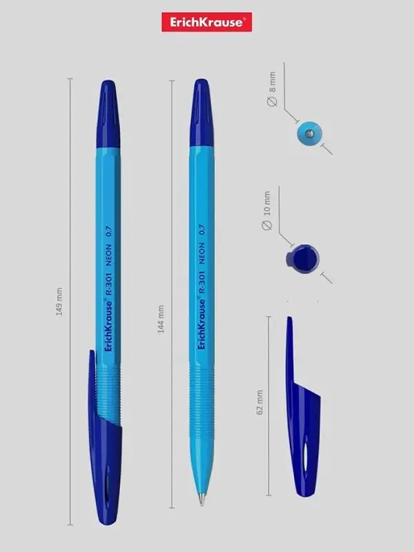 Ручка шариковая ErichKrause R-301 Neon Stick, узел 0.7 мм, чернила синие, длина письма 2000 метров, МИКС