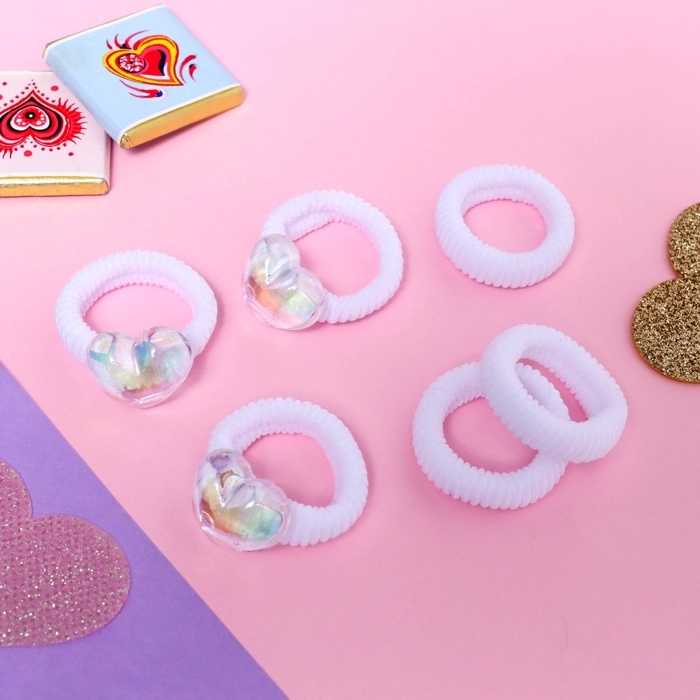 Резинка для волос "Нежность" (набор 6 шт) сердце, 2 см, белый