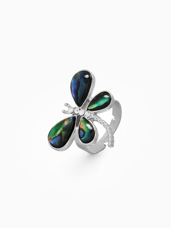 Кольцо безразмерное &laquo;Стрекоза&raquo;, галиотис, зелёное в серебре