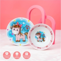 Набор детской посуды из керамики Доляна &laquo;Маленькая лошадка&raquo;, 3 предмета: кружка 230 мл, миска 400 мл, тарелка d=18 см, цвет белый