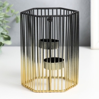 Подсвечник металл на 2 свечи "Шестиугольная клетка" d-4,5 см золот.-чёрный 11,5х11,5х15,5 см   93307