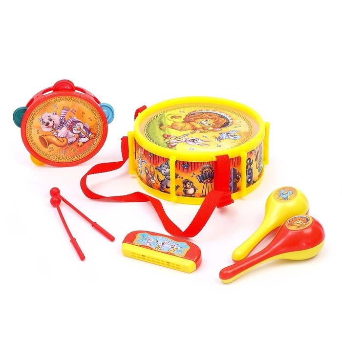 Набор музыкальных инструментов &laquo;Мульт Бэнд-2&raquo;, 7 предметов: барабан, бубен, 2 маракаса, губная гармошка, 2 палочки, цвета МИКС
