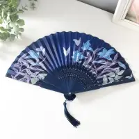 Веер дерево, текстиль h=21 см "Синии лилии и бабочки" синий, с кисточкой