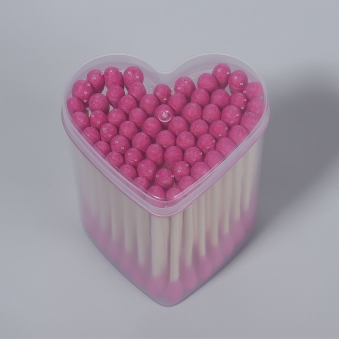 Ватные палочки на деревянной основе &laquo;Сердце&raquo;, 7 см, 64 шт, в пластиковом органайзере, цвет розовый