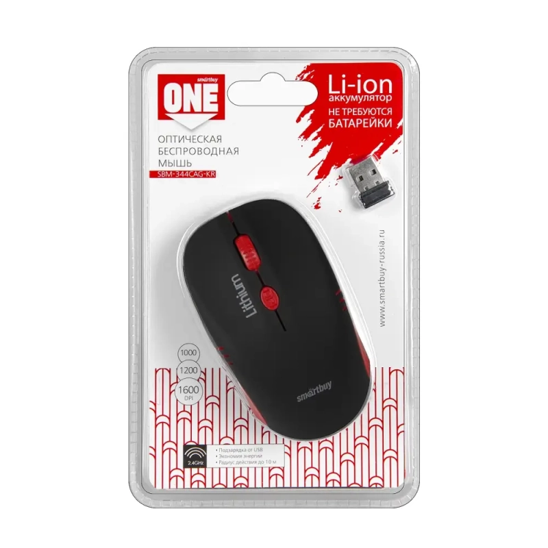 Мышь беспроводная с зарядкой от USB Smartbuy ONE 344CAG черно-красная