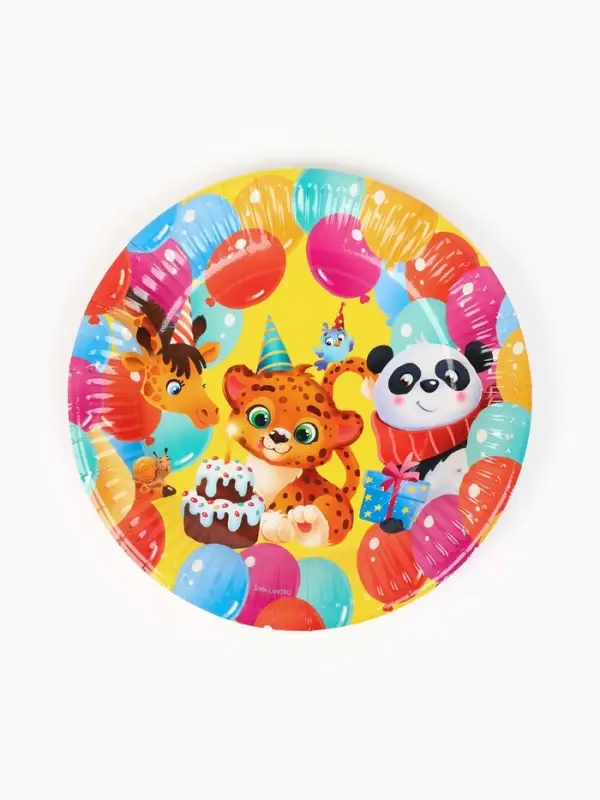 МП Набор бумажной посуды  "С Днём рождения, весёлые зверята", желтый , 12 персон