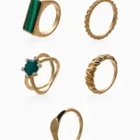 Набор колец 5 шт "Новый стиль" натурель, размер МИКС, цвет изумрудный в золоте