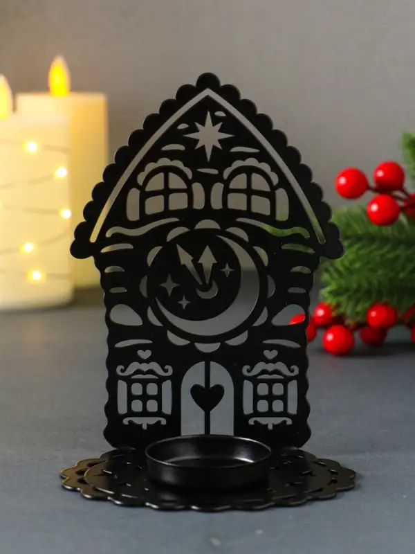 Подсвечник новогодний "Домик с часами" чёрный 6,7х10х13,5 см