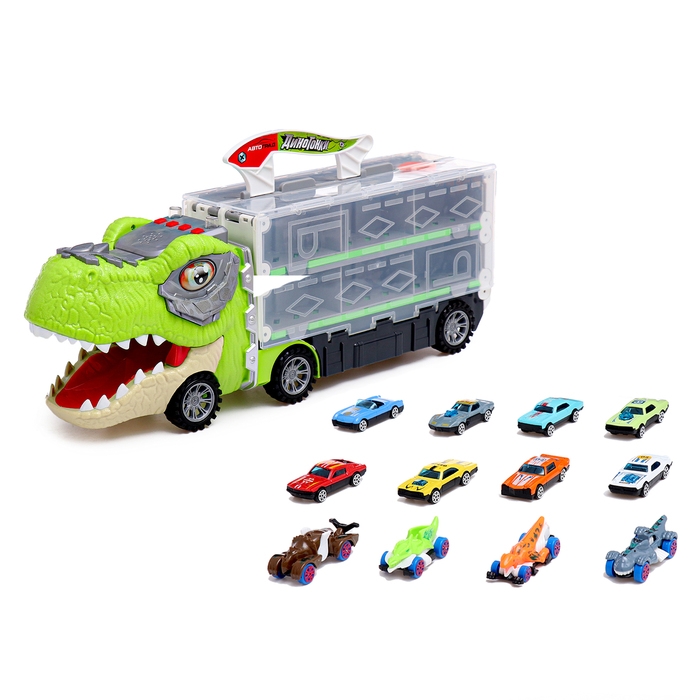 Автовоз-трек &laquo;Диногонки&raquo;, 12 металлических машин, световые и звуковые эффекты