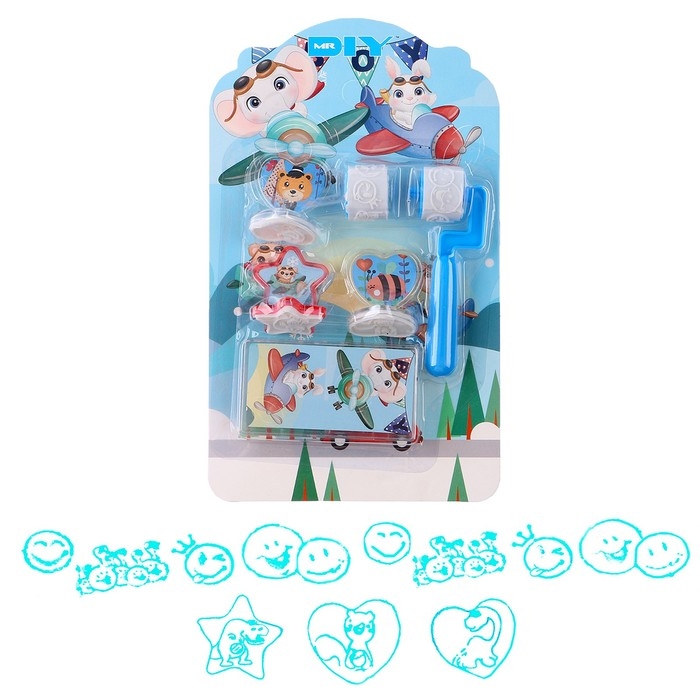 Печать цветная &laquo;Зверята&raquo; , набор 3 шт., ролик-печать с 2 насадками, штемпельная подушка