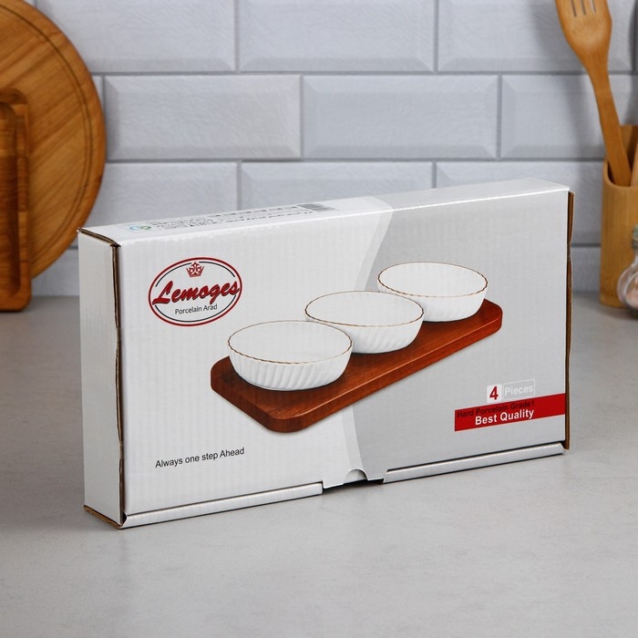 Менажница &laquo;Кармен&raquo;, 3 шт: 250 мл, овальная, деревянное основание, фарфор, Иран