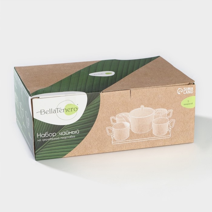 Набор фарфоровый чайный на бамбуковой подставке Доляна &laquo;Эстет&raquo;, 5 предметов: чайник 800 мл, 4 кружки 220 мл, цвет белый