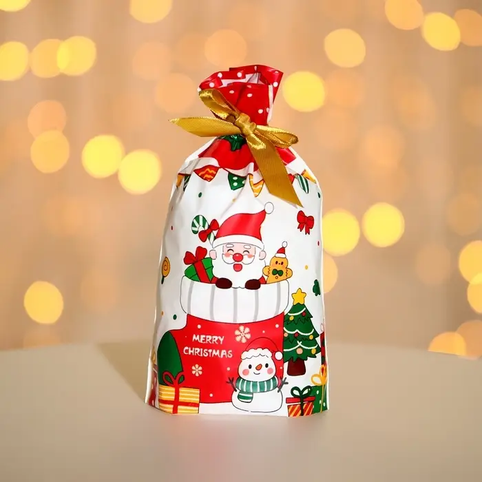 Пакет полиэтиленовый подарочный, с завязками "Новогодний носок", 15х23см.