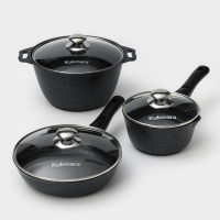 Набор кухонной посуды &laquo;Мраморная №3&raquo;, 6 предметов, крышка, съёмная ручка, антипригарное покрытие, цвет тёмный мрамор