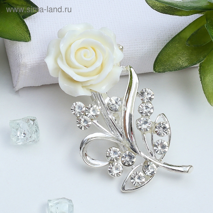 Брошь &laquo;Цветок&raquo;, роза нежная, цвет белый в серебре