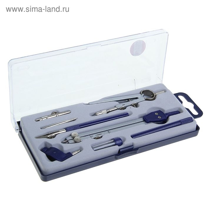 Готовальня 8 предметов (2 циркуля 150 мм, 105 мм, 2 удлинителя, грифель, 2 рейсфедера, центрик, держатель для карандаша), в пластиковом пенале