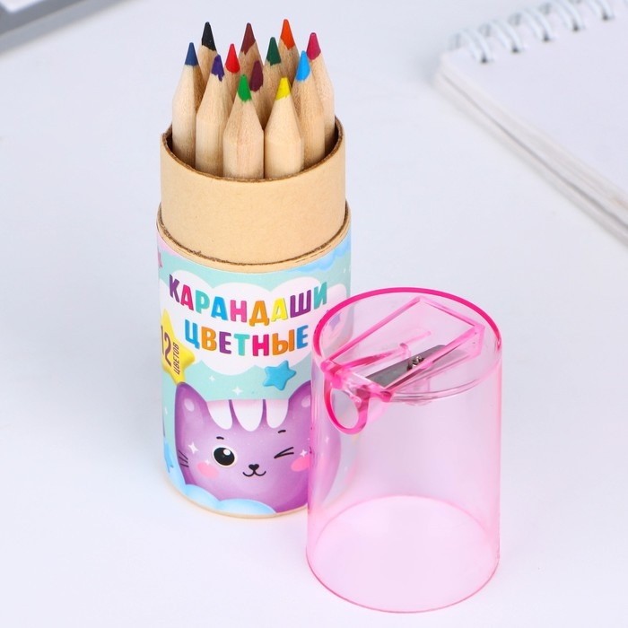 Набор цветных карандашей мини в тубусе &laquo;Котик&raquo;, 12 шт, с точилкой