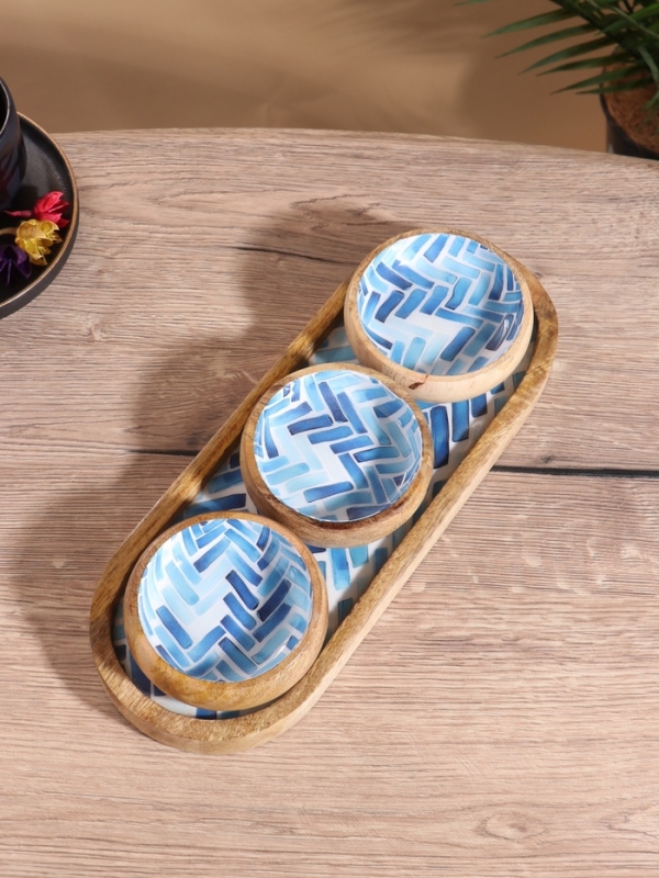 Набор розеток на подносе "Синие птицы" (3 шт) дерево манго 33,5х13х6,5 см