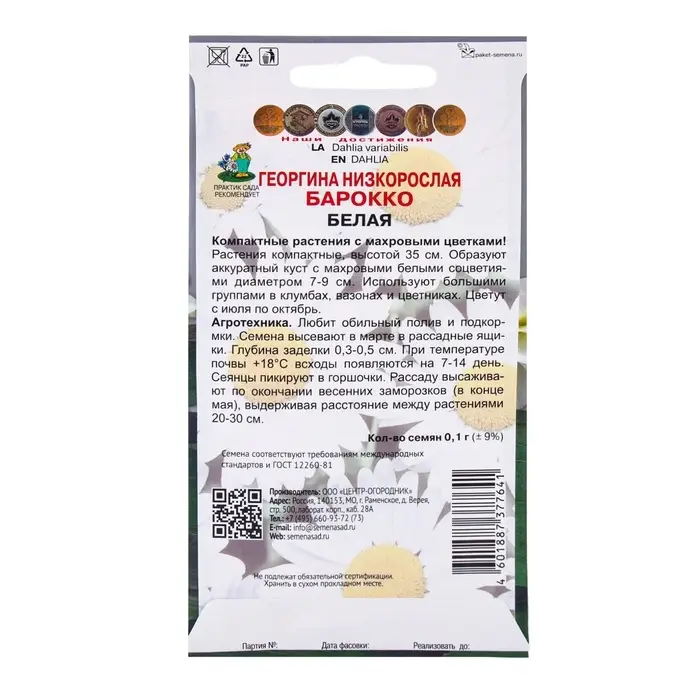 Семена цветов Георгина низкорослая Барокко Белая, 0,1гр