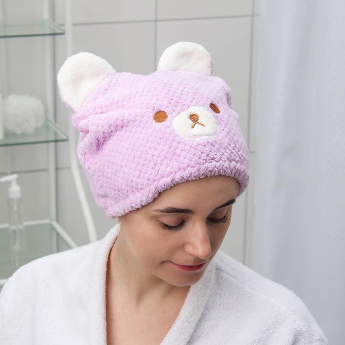 Чалма для сушки волос Доляна &laquo;Медвежонок&raquo;, микрофибра, цвет розовый