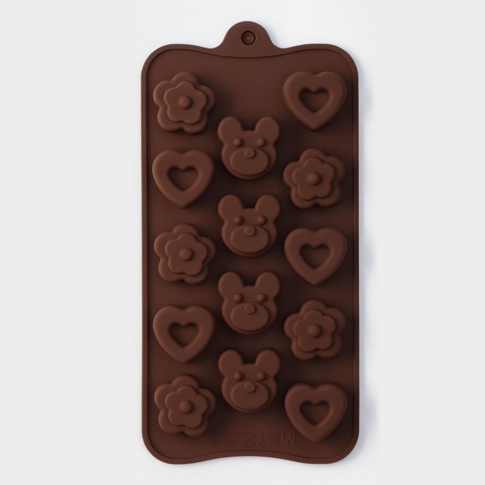 Форма для конфет и шоколада Доляна &laquo;Мишка, цветок, сердце&raquo;, силикон, 19,7&times;10,5&times;1,5 см, 14 ячеек, цвет коричневый