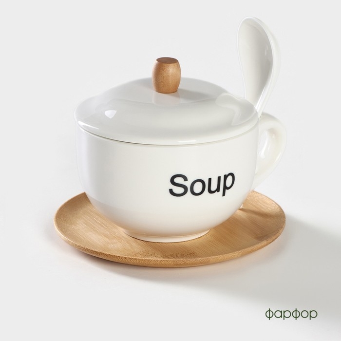Супница фарфоровая с ложкой на бамбуковой подставке BellaTenero, 450 мл, 15&times;11,5&times;7,5 см, цвет белый
