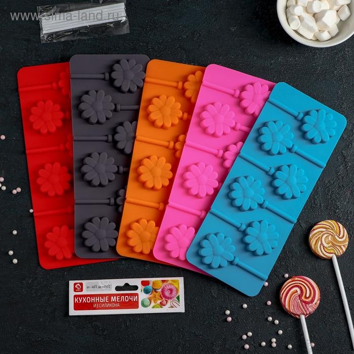 Форма для леденцов Доляна &laquo;Ромашка&raquo;, силикон, 9,5&times;24&times;1 см, 6 ячеек (d=3,8 см), с палочками, цвет МИКС