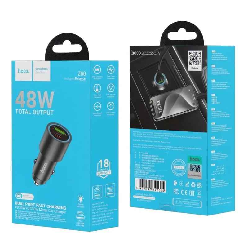 Переходник Z60 АЗУ на USB QC3.0 + Type-C PD48W HOCO темно-серый