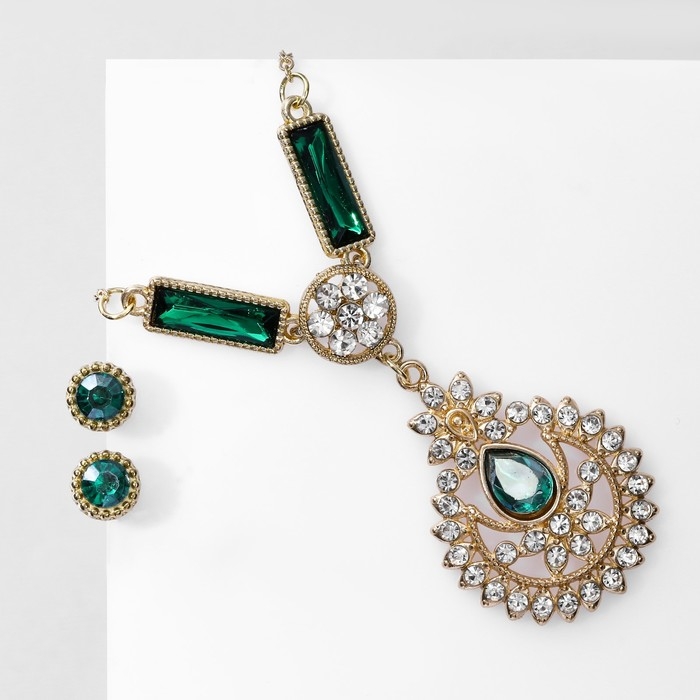 Гарнитур 2 предмета: серьги, кулон &laquo;Роса&raquo; цветочная, цвет зелёно-белый в золоте, 48 см