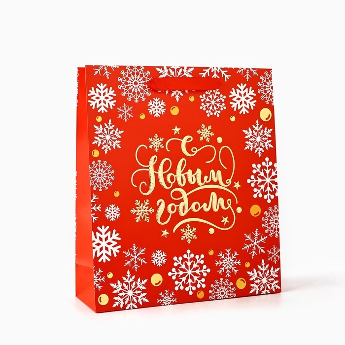 Пакет подарочный новогодний ламинированный &laquo;Золотые снежинки&raquo;, тиснение, M 30 х 26 х 9 см, Новый год