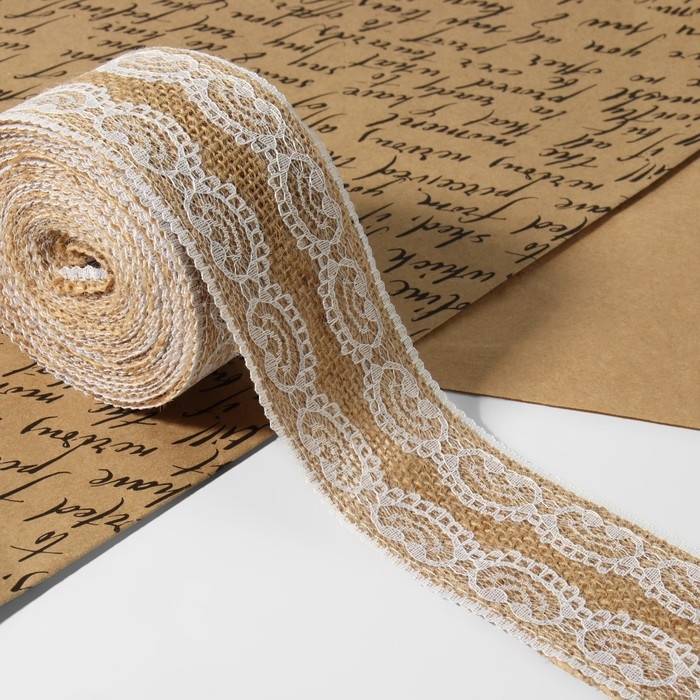 Лента холщовая &laquo;Кружево&raquo;, натуральная, 50 мм, 4,5 &plusmn; 0,5 м, цвет белый