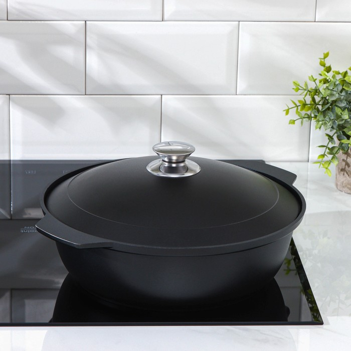 Жаровня &laquo;Традиция&raquo;, 3 л, d=29 см, h=8,5 см, алюминиевая крышка, антипригарное покрытие, цвет чёрный