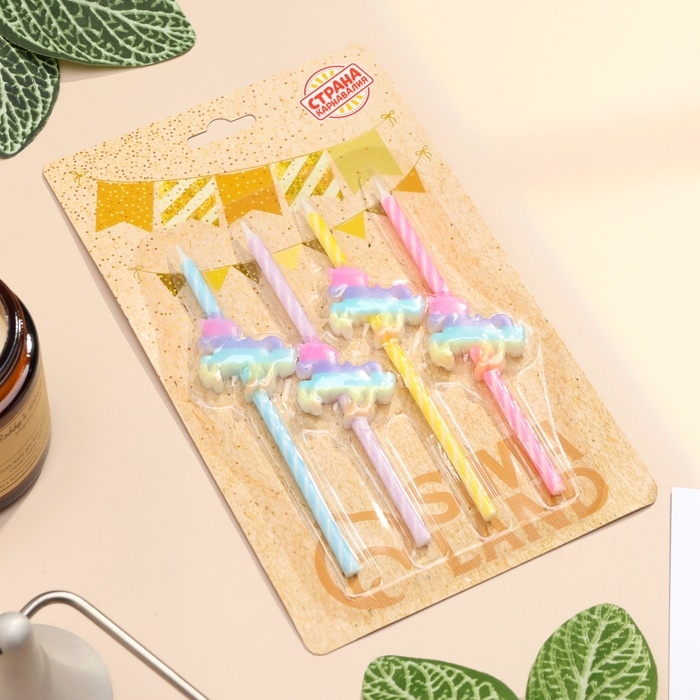 Набор свечей для торта, 4 шт "Радужные единороги", спиральные, разноцветные