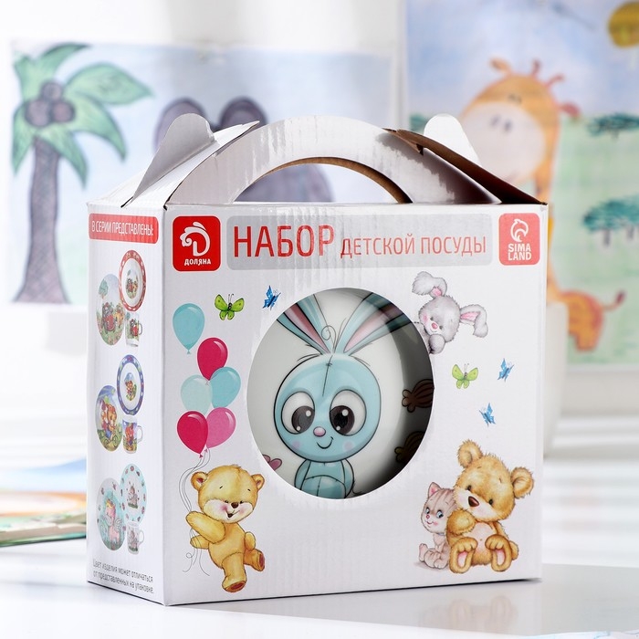 Набор детской посуды из керамики Доляна &laquo;Крош&raquo;, 3 предмета: кружка 230 мл, миска 400 мл, тарелка d=18 см