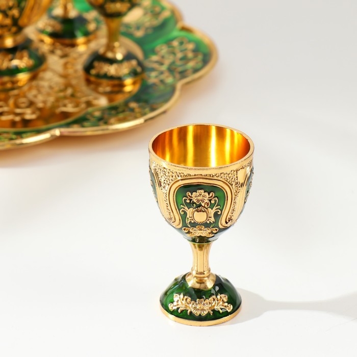 Набор винный кувшин, 6 бокалов и поднос "Турция. Цветы и узоры" зелёный с золотом