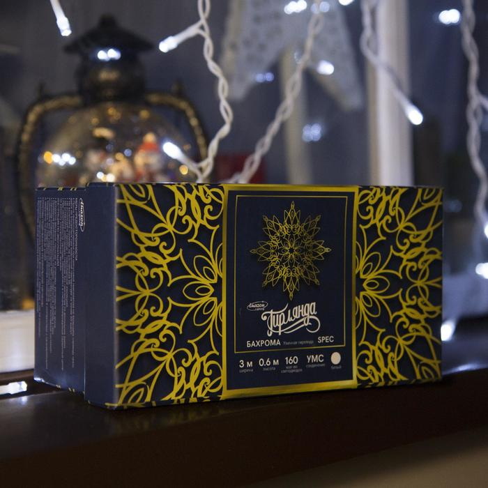 Гирлянда &laquo;Бахрома&raquo; 3 &times; 0.6 м, IP44, УМС, белая нить, 160 LED, свечение белое, 220 В