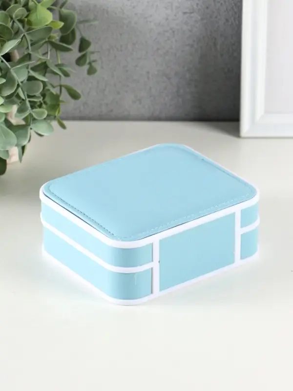 Шкатулка пластик, кожзам для украшений 6 ячеек, 10 полос, голубая 13,5х11,5х5,5 см