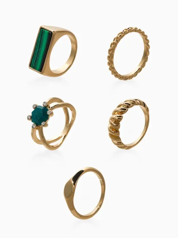 Набор колец 5 шт "Новый стиль" натурель, размер МИКС, цвет изумрудный в золоте