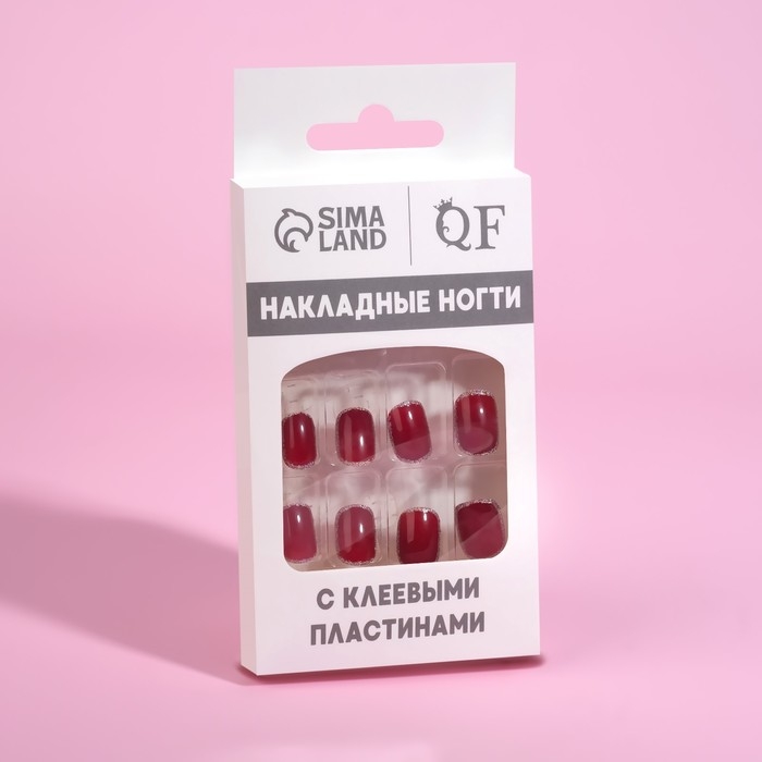 Накладные ногти &laquo;Wine&raquo;, 12 шт, с клеевыми пластинами, форма мягкий квадрат, цвет бордовый/серебристый