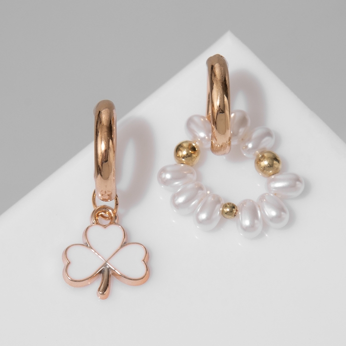 Серьги со съёмным элементом &laquo;Трансформер&raquo; клевер-сердце, цвет бело-бежевый в золоте