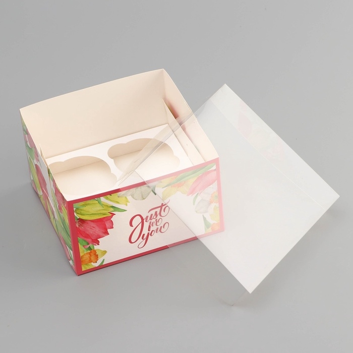 Коробка для 4 капкейка с прозрачной крышкой, "Тюльпаны", 16 &times; 16 &times; 10 см, кондитерская упаковка